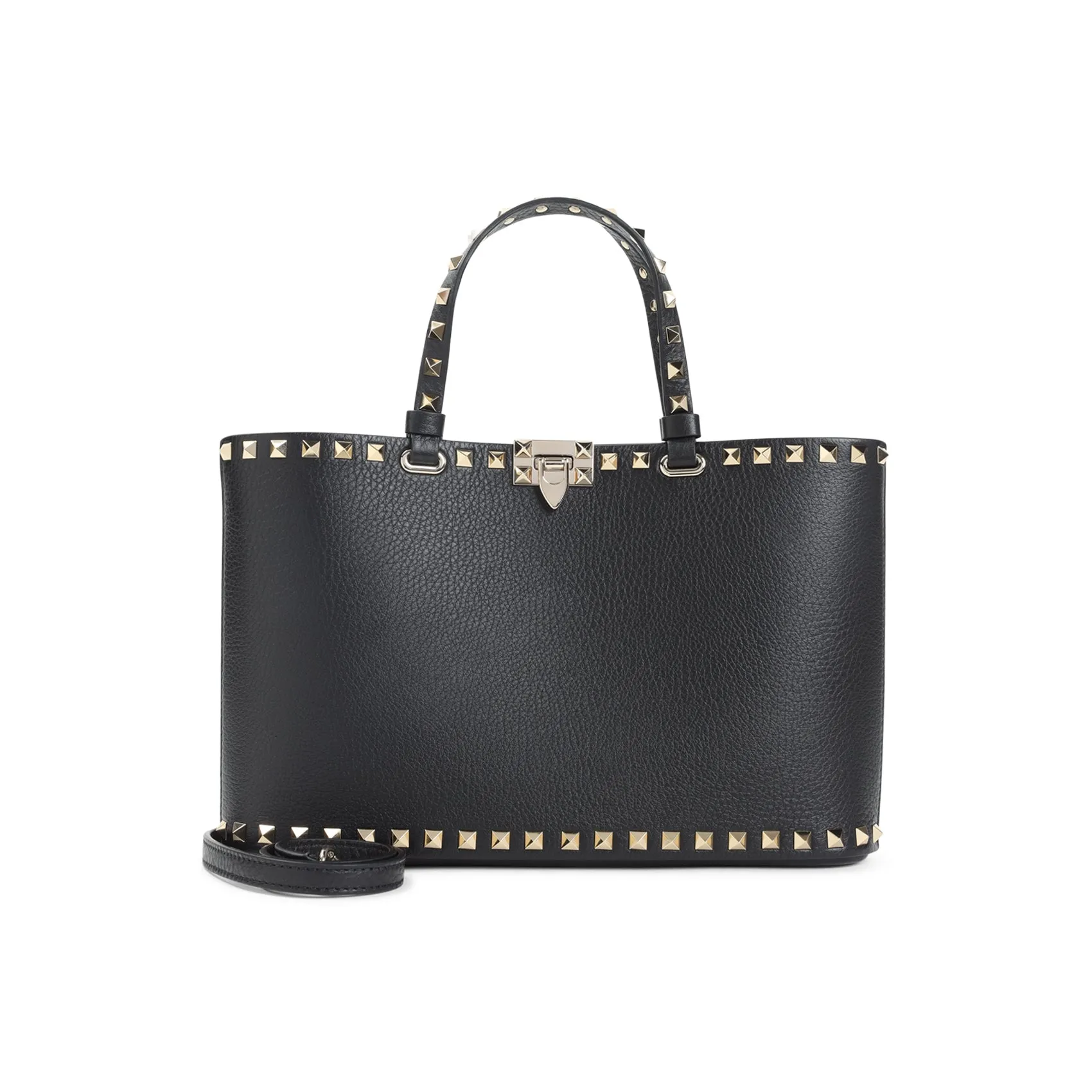 Black Grained Leather Rockstud Small Tote