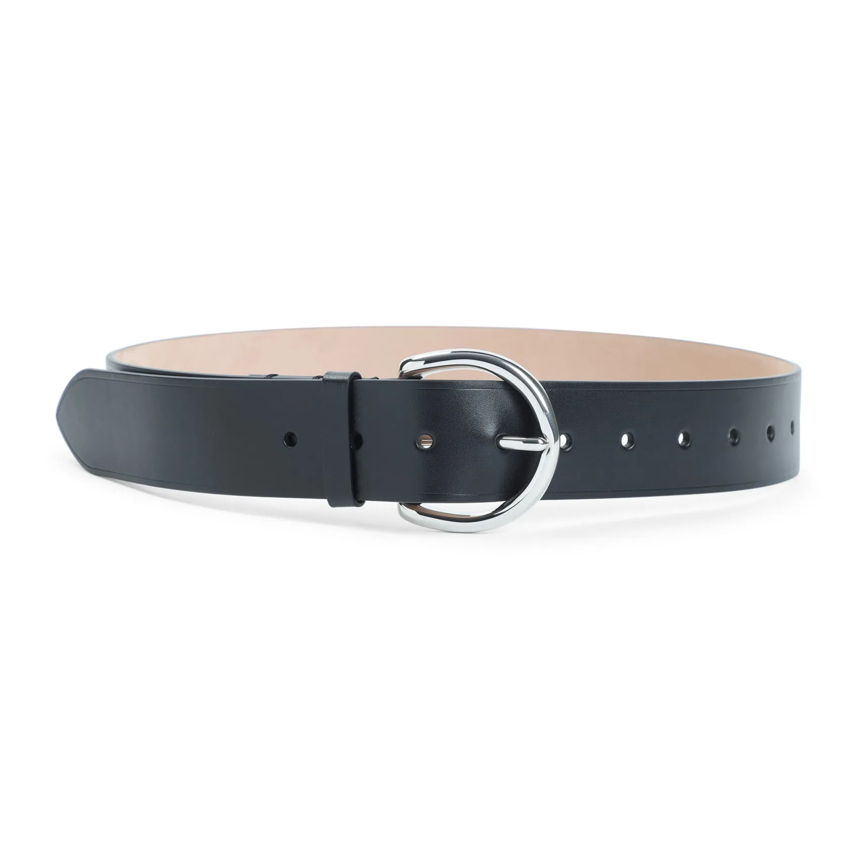 Black Round Buckle Calf Leather Belt
