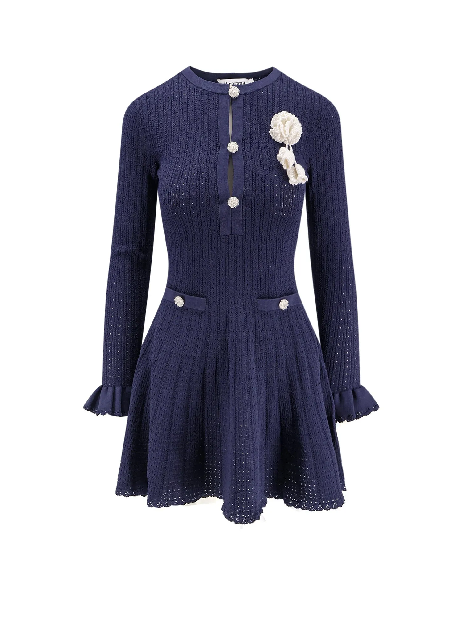 Perforated Knit Short Dress With Removable Lace Brooch