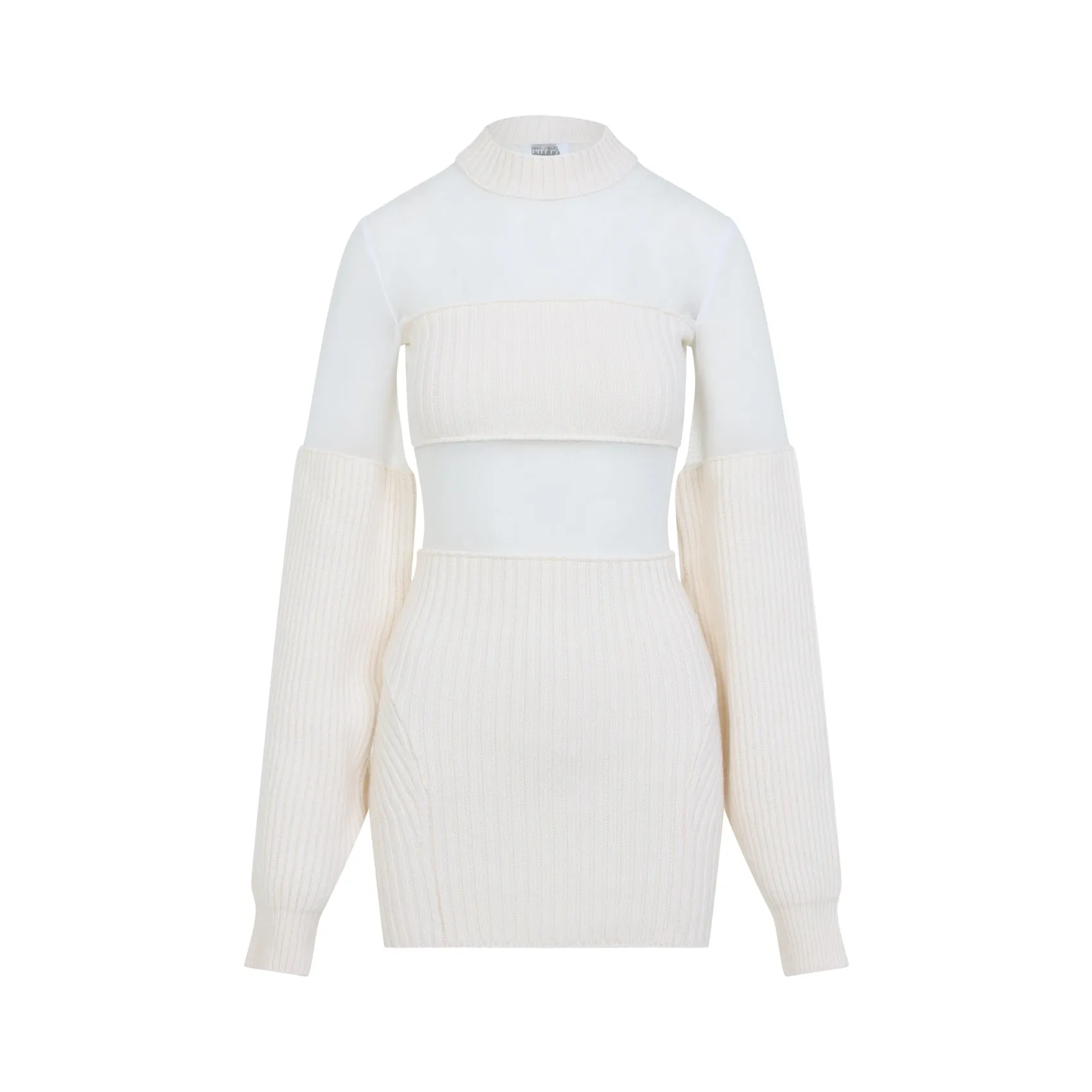 Ecru White Wool Short Dress With Mesh Details