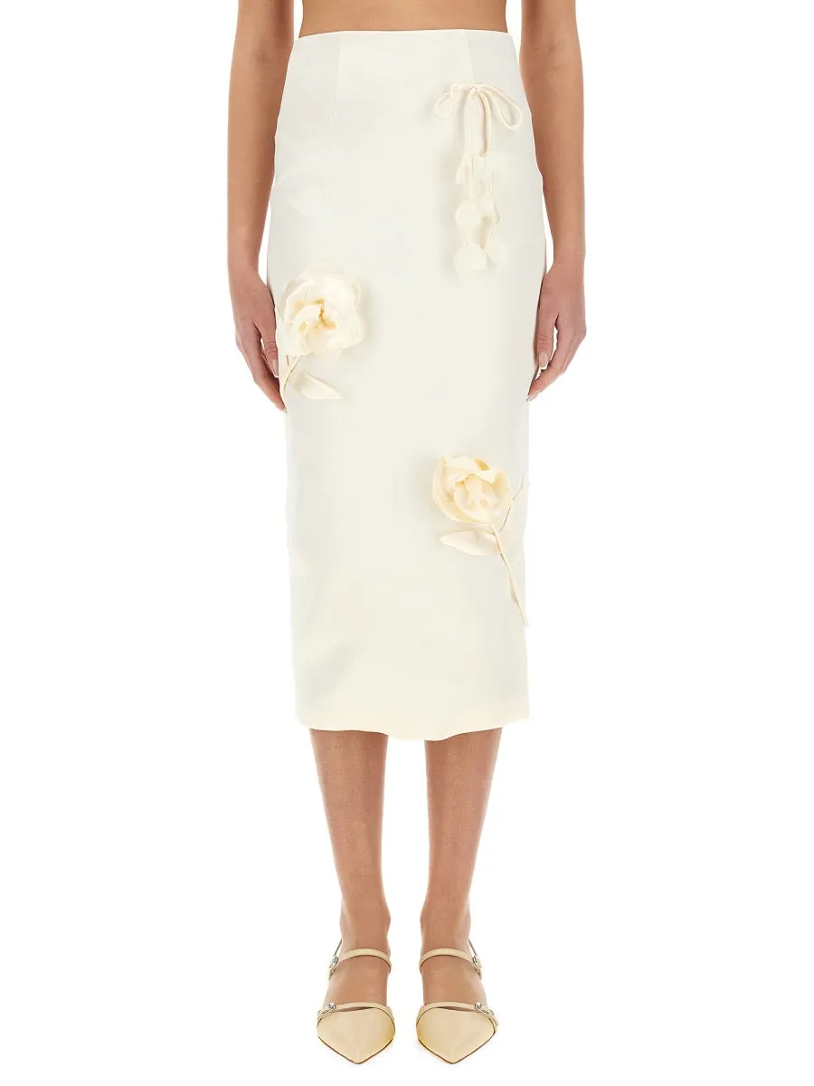 Satin Midi Skirt With 3D Flowers