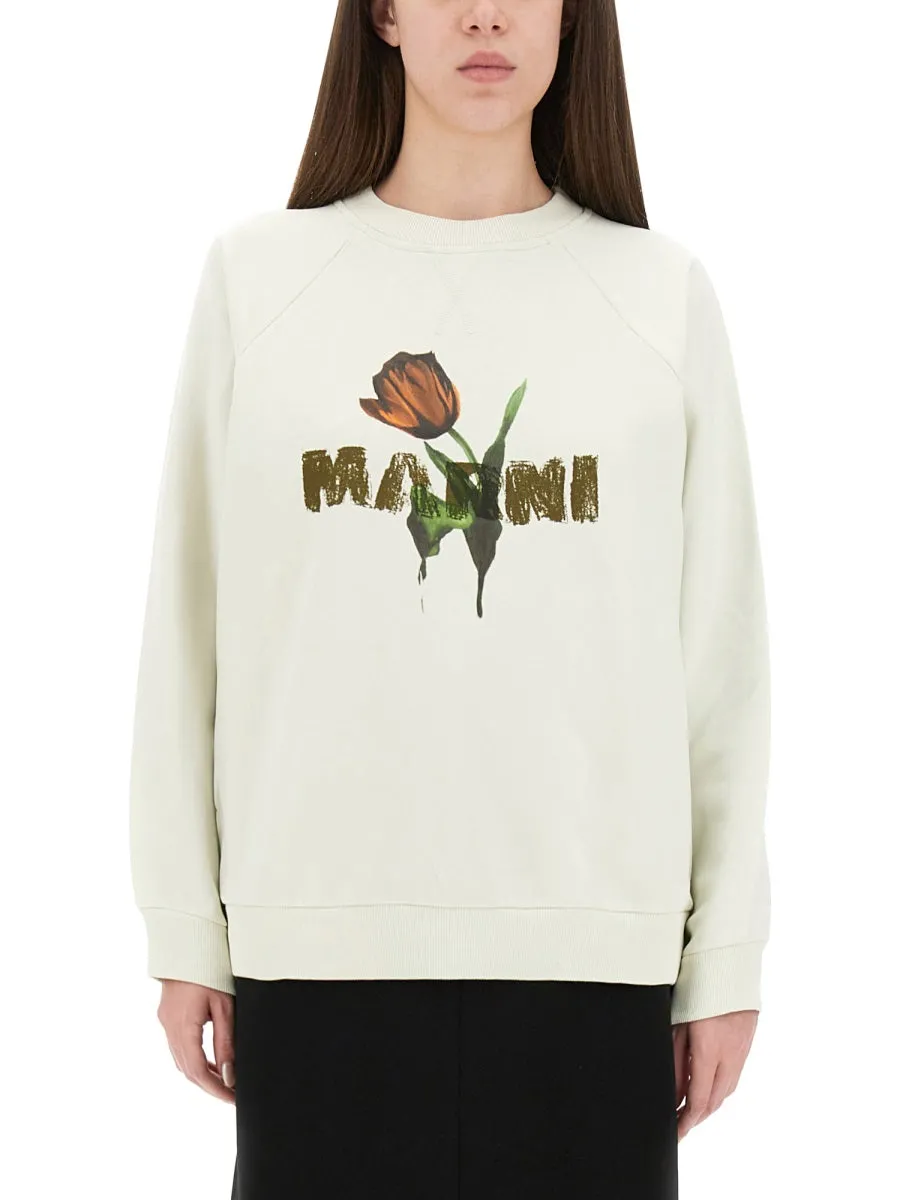 White Cotton Sweatshirt With Tulip Print