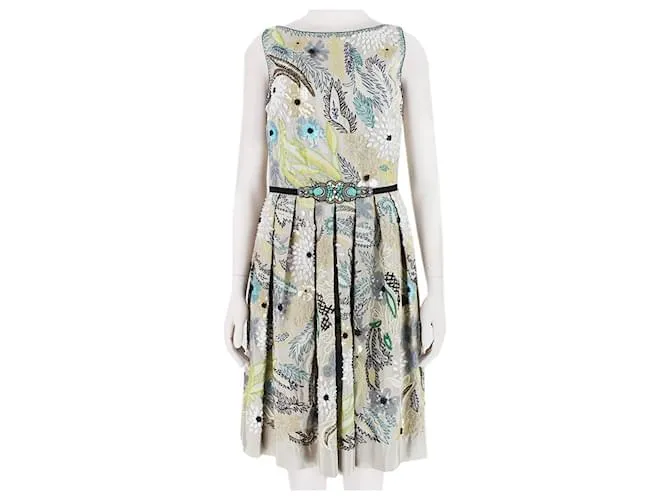 Autre Marque Abito in twill di seta color taupe di Naeem Khan finemente ricamato e impreziosito con perline. Multicolore