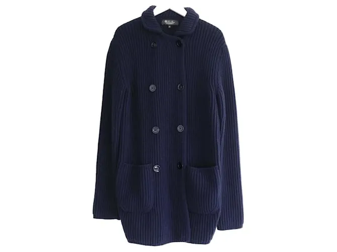 Cardigan Cappotto in Cashmere Baby Loro Piana Blu Navy a Coste