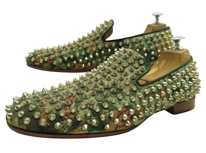 MOCASSINI DANDELION SPIKE CHRISTIAN LOUBOUTIN 40.5 TELA CAMOUFLAGE Verde