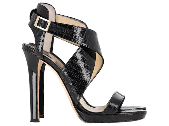 Sandali con tacco a strappo incrociato Jimmy Choo in pelle verniciata nera Nero