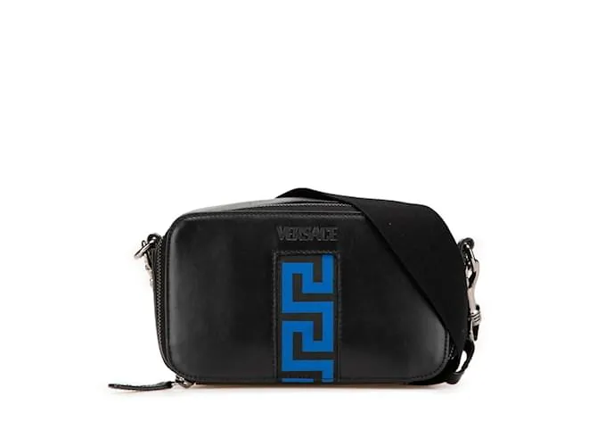 Borsa a spalla in pelle nera e blu Versace Nero