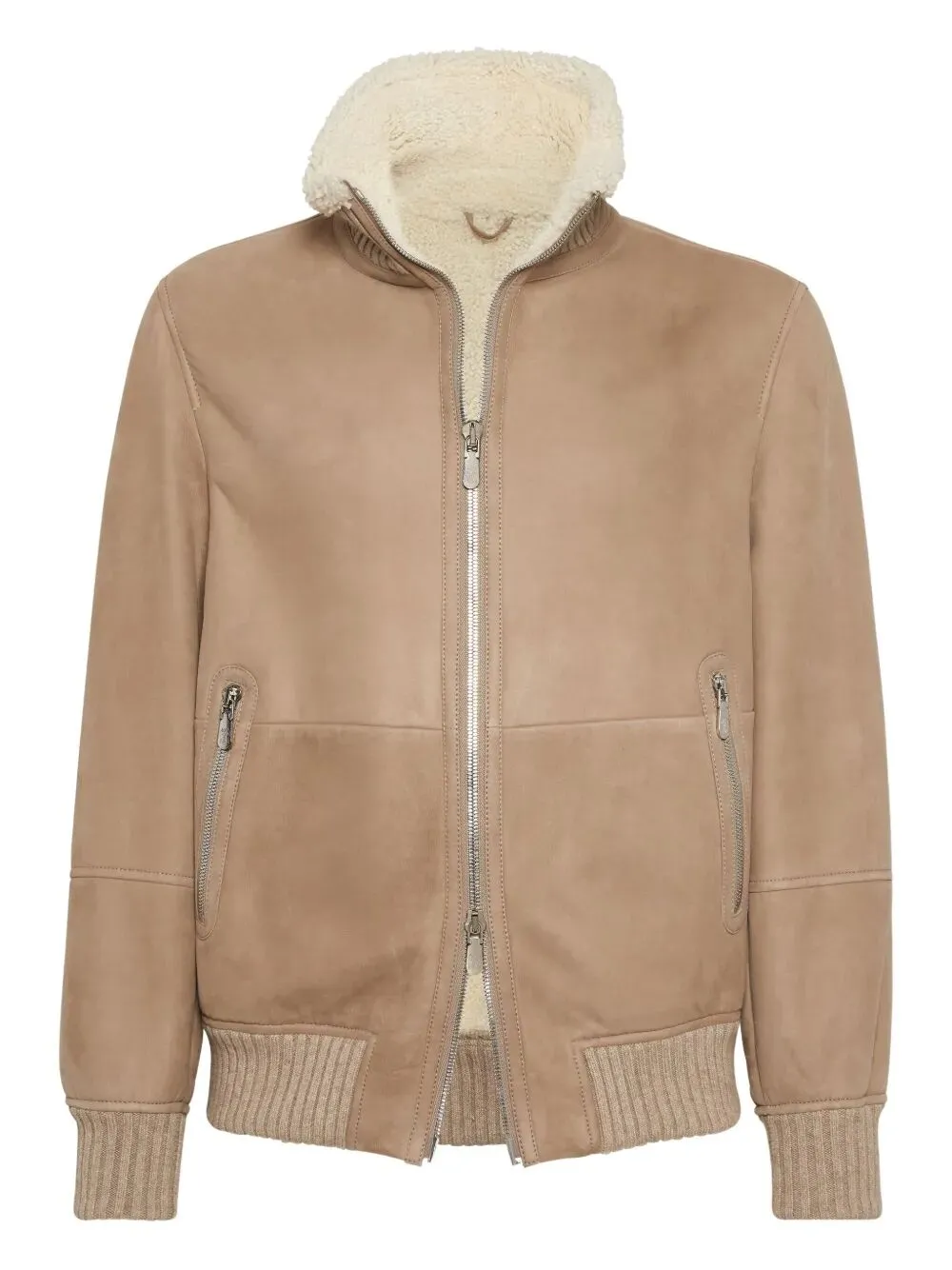 Bomber In Shearling Curly Scamosciato Con Collo In Maglia Di Cashmere