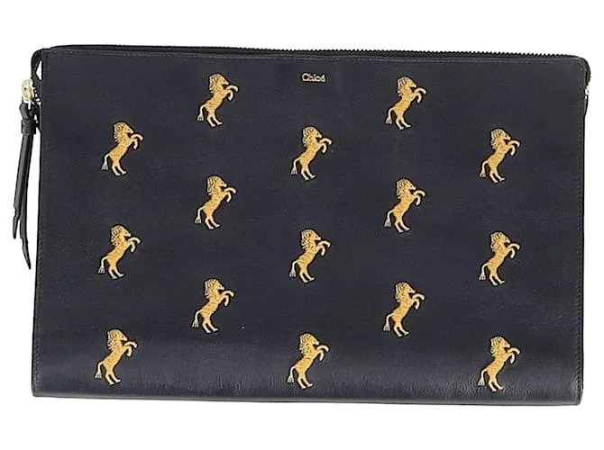 Pochette ricamata Chloé Little Horses in pelle di vitello nera Blu navy