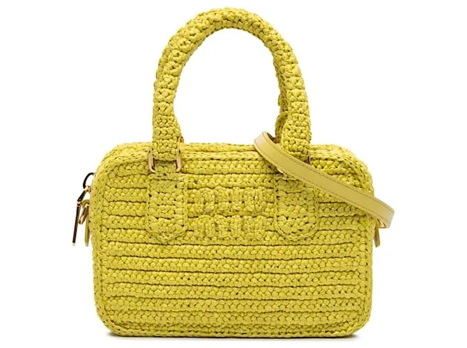 Borsa a mano Arcadie in rafia gialla all'uncinetto Miu Miu Giallo