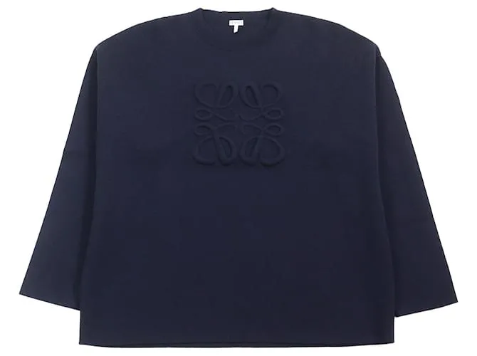 Maglione a collo rotondo in lana con logo Loewe in rilievo, blu navy, taglia XL