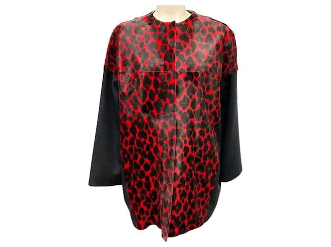 Cappotto in pelo di vitello e lana con stampa leopardata rossa / nera Longchamp Rosso
