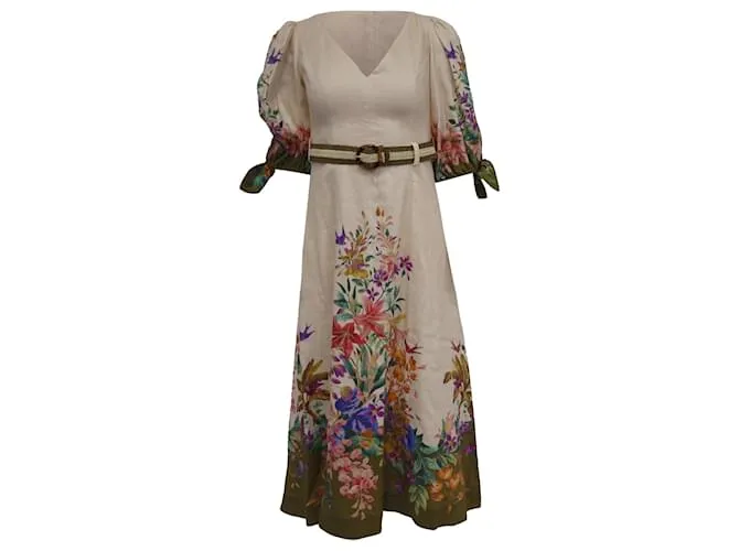 Abito midi stampato floreale con cintura Zimmermann Tropicana in lino multicolore