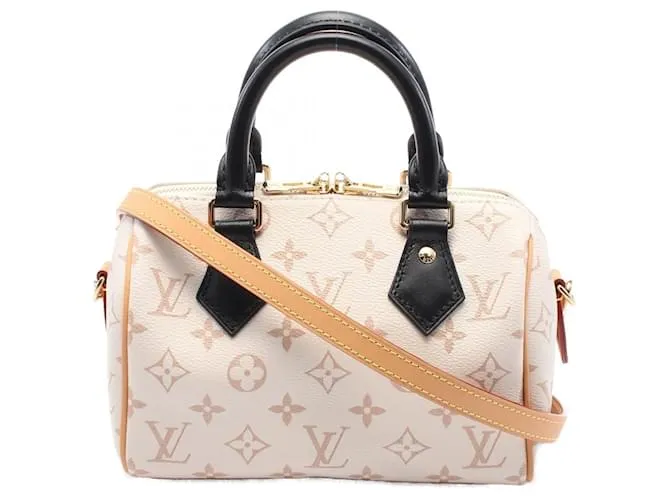 Borsa a mano in tela rivestita in PVC Louis Vuitton Speedy Bandoulière 20 Nero Bianco Beige