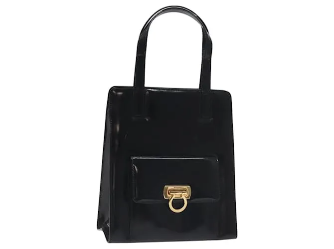 Borsa a mano Gancini in smalto nero e oro Auth 130619 di Salvatore Ferragamo D'oro