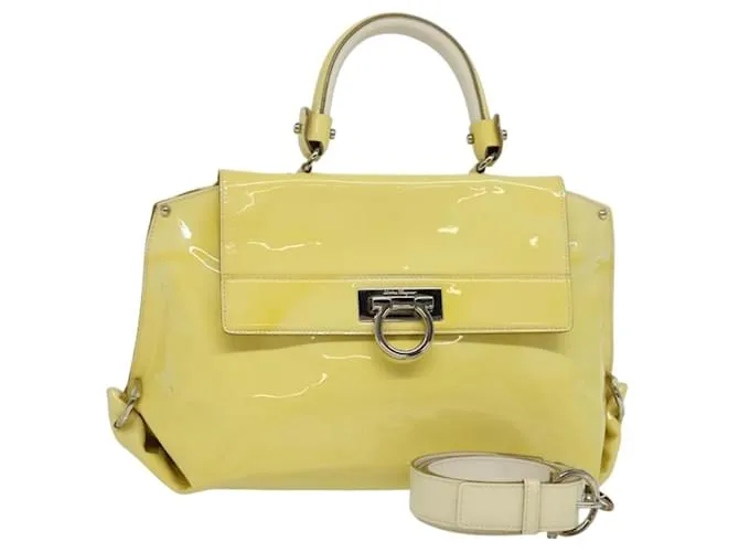 Salvatore Ferragamo Borsa Gancini in smalto 2 in 1 avorio argento oro Auth 131006 D'oro Crudo
