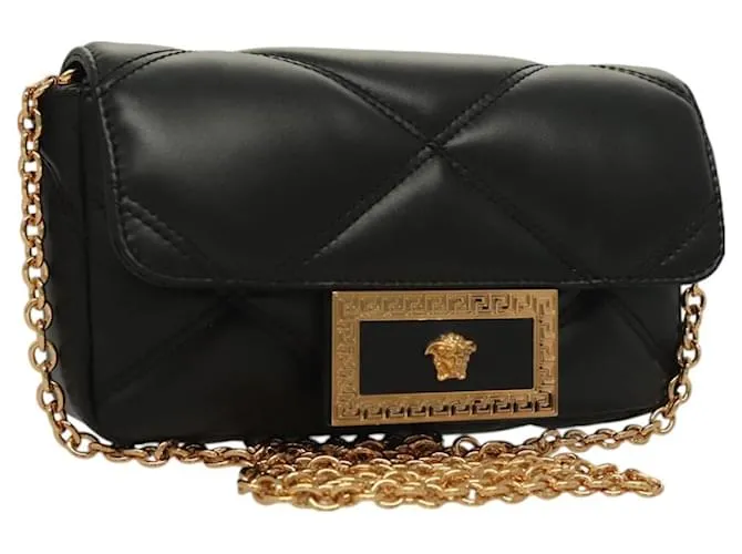 Borsa a spalla con catena VERSACE in pelle nera e oro Auth 130276 Nero D'oro