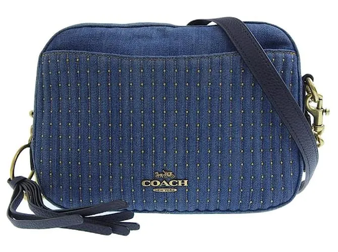Borsa a spalla in denim trapuntato con borchie Coach 53622 Blu