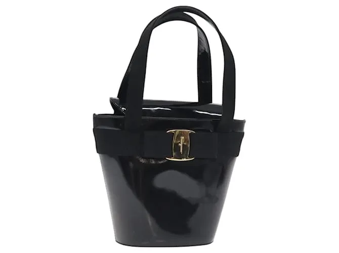Borsa a mano Vala in pelle verniciata nera e oro Auth 129105 di Salvatore Ferragamo Nero D'oro