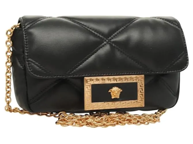 Borsa a spalla a catena VERSACE in pelle nera e oro Auth 130277 Nero D'oro