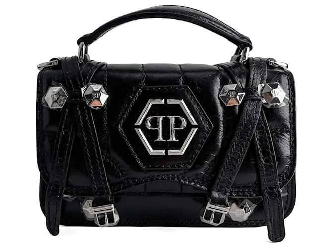 Philipp Plein Borsa a cintura con flap 2 vie in pelle di vitello Small Hexagon Superheroin nera Nero