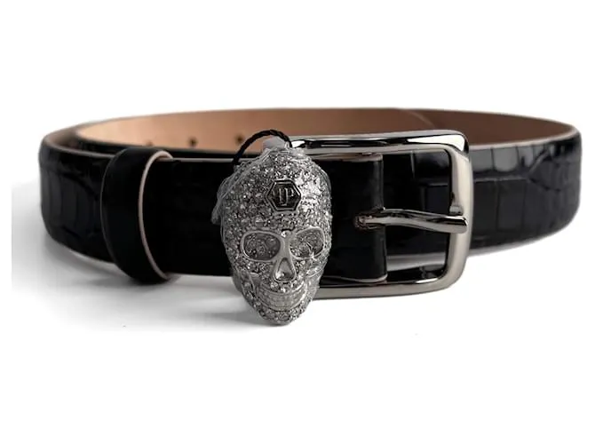 Philipp Plein Cintura media in pelle stampata Croco Skull 80 nera Nero