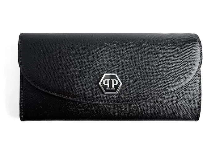 Philipp Plein Portafoglio in pelle Saffiano Hexagon a 2 vie con catena incrociata nera Nero