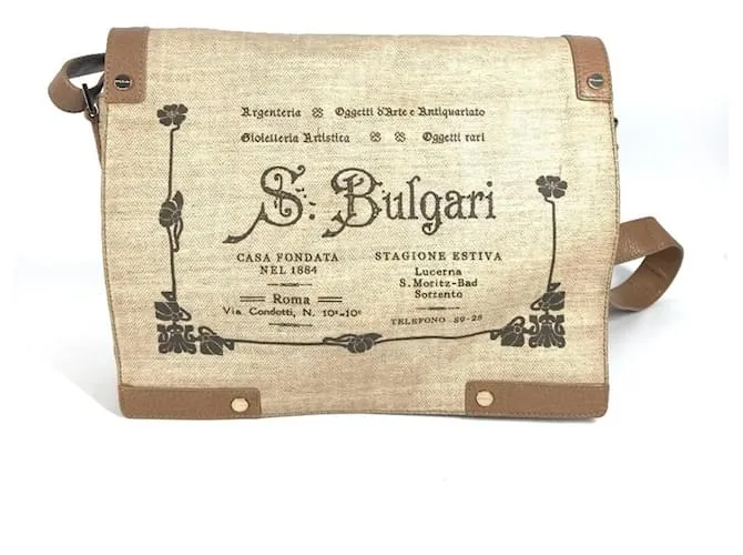 Bulgari Borsa a spalla in pelle beige e tela rivestita Bvlgari