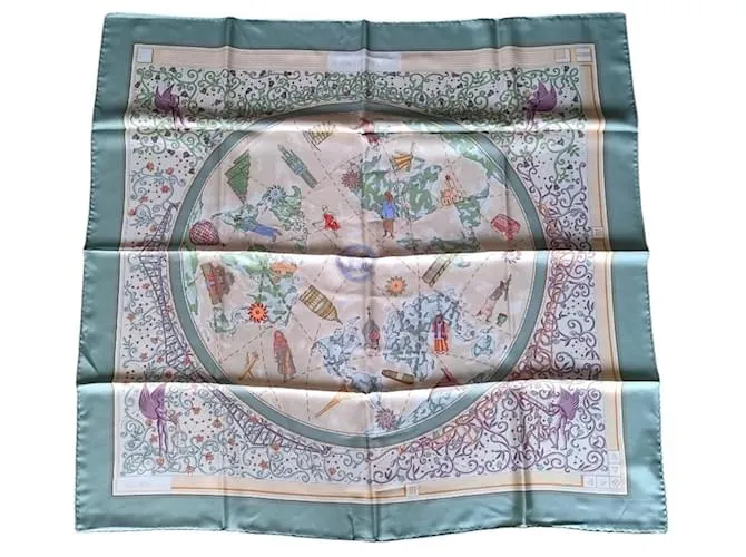 Bandana Mappa del Mondo 90 in Seta 100% Hermès Multicolore Beige