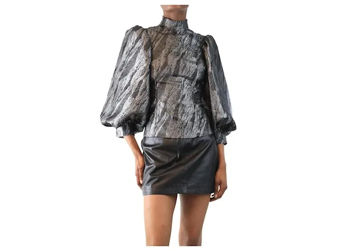 Ganni Blusa metallica con maniche a sbuffo argento - taglia UK 6