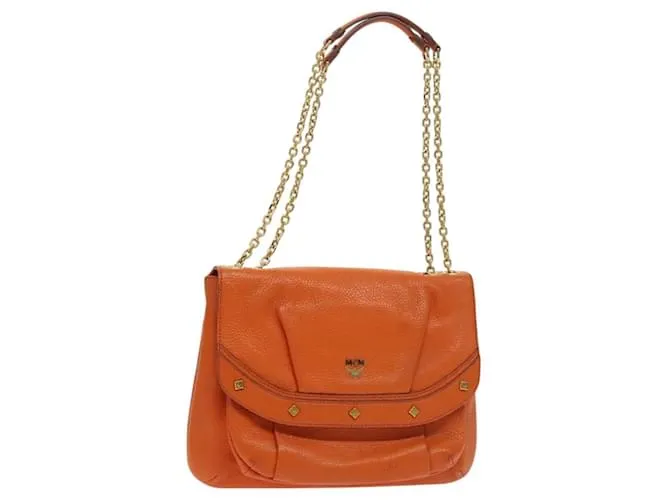 Borsa a spalla in pelle MCM Studs Chain arancione oro Auth 129209 D'oro