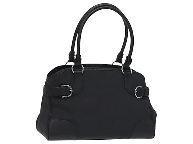 Borsa a mano Gancini in nylon nero e argento autentica Salvatore Ferragamo 128016