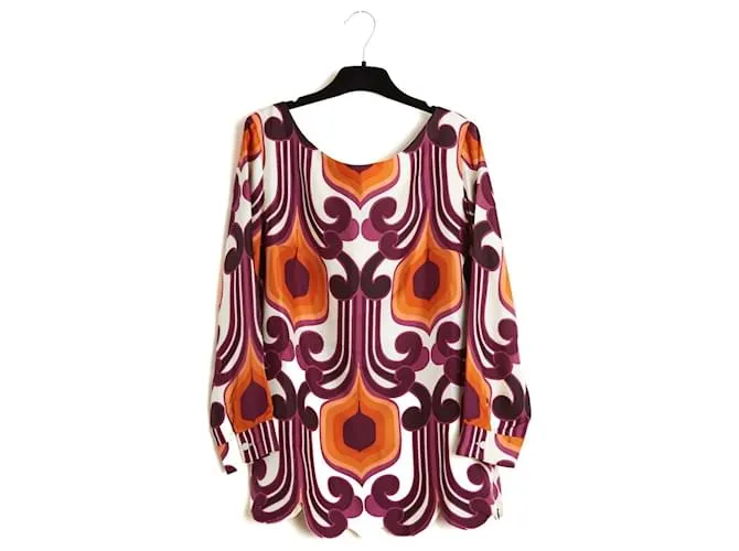 Miu Miu Top FR40 Blusa in Twill di Seta Ecru con Stampa Geometrica UK12 US10 Pristine Multicolore