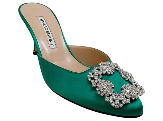 Mules Hangisimu in raso verde Manolo Blahnik