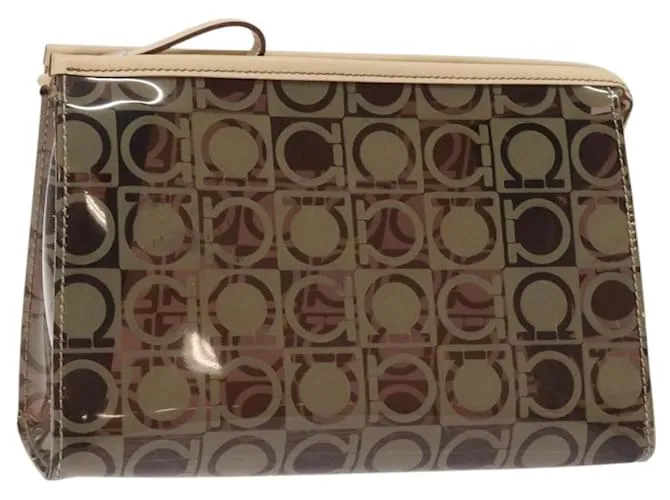 Pochette Gancini in vinile marrone argento autentica Salvatore Ferragamo BA3982