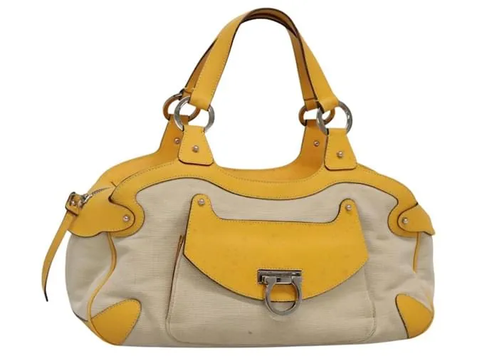 Borsa a mano Gancini in tela gialla e argento di Salvatore Ferragamo Auth 128676 Giallo