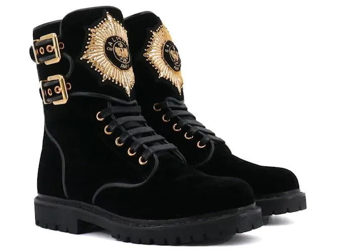 BALMAIN - Stivaletti Balmain Eagle in velluto nero (Taglia 37)
