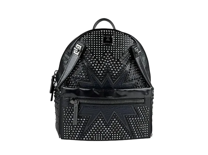 Zaino in pelle rivestita in metallo MCM Nero Argento Blu navy