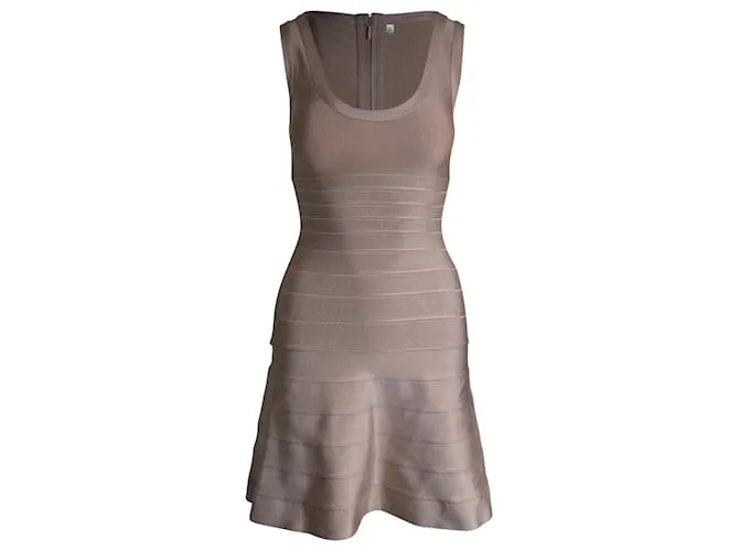Abito Mini Bandage Svasato Herve Leger in Rayon Nudo Marrone Carne