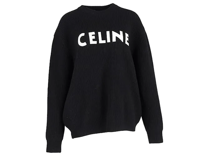 Edge Céline Maglione in lana nera con logo Celine stampato in maglia a coste Nero