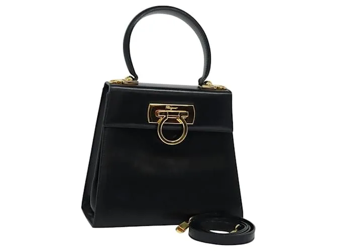 Borsa a mano in pelle Gancini Salvatore Ferragamo 2 in 1 Blu Navy Oro Auth 129297 D'oro