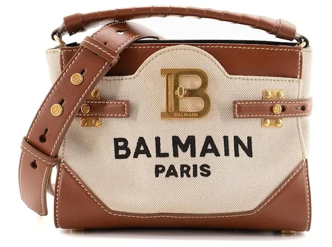 BALMAIN - Borsa a tracolla B-Buzz 22 Balmain in tela beige e pelle marrone
