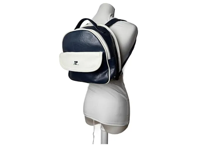 Zaino in pelle vintage Courreges Paris blu navy e bianco