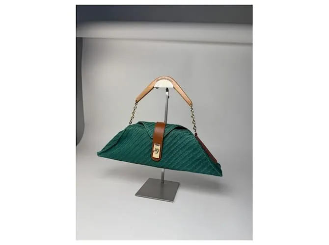 Emporio Armani Borsa vintage in pelle, lana e legno di Giorgio Armani verde, marrone e dorato