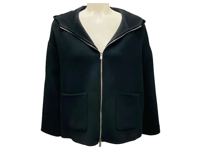 Giacca in lana nera con cappuccio e zip completa Peserico Nero