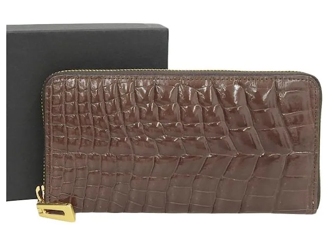Autre Marque Portafoglio rotondo con zip in pelle di coccodrillo marrone scuro