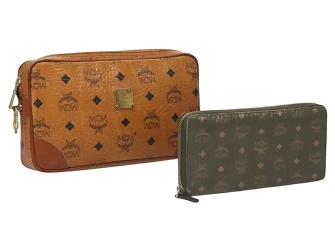 MCM Logogram Vicetos Clutch Bag in Pelle PVC 2Set Marrone Argento Auth bs26727