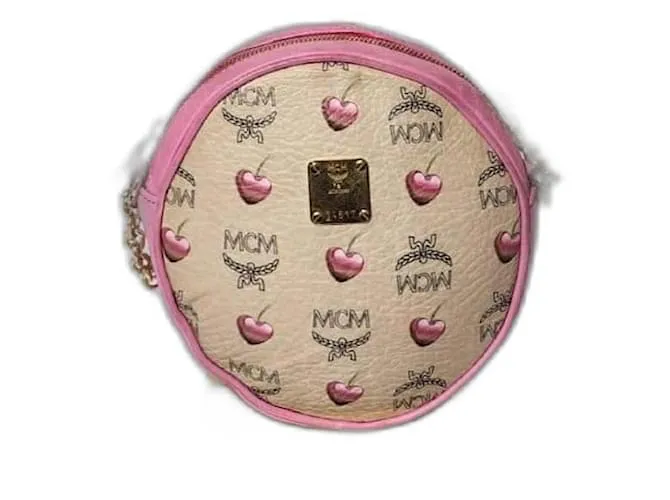 Borsa a tracolla tamburello MCM Cherry Visetos stampa beige/rosa