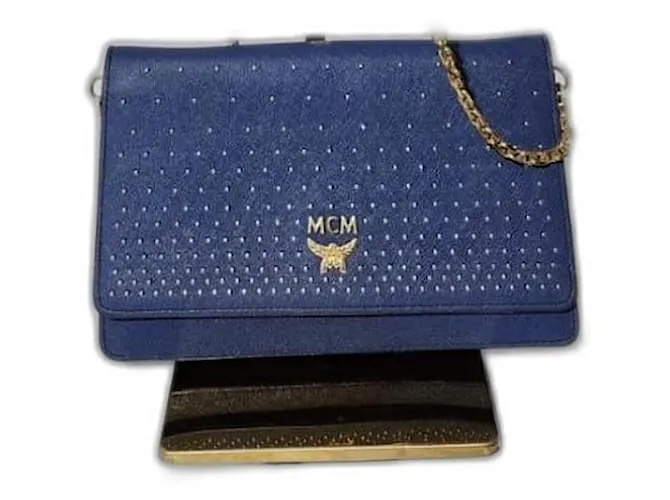 Borsa a tracolla in tela di pelle rivestita con borchie MCM / Portafoglio con catena blu