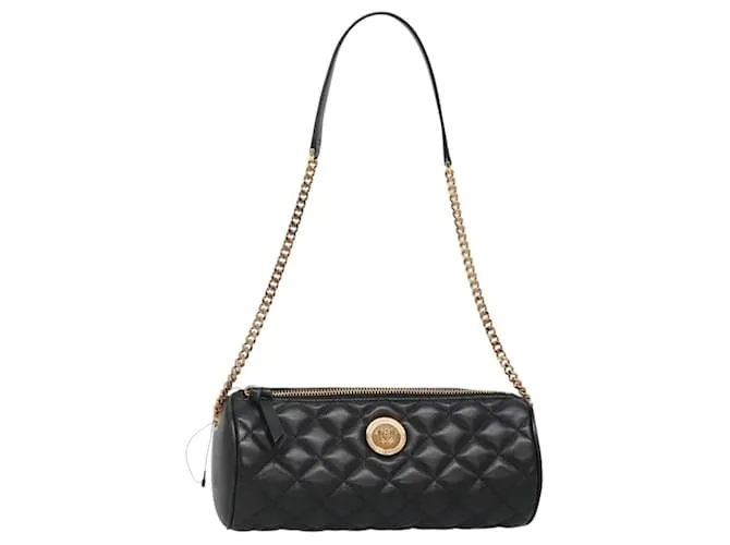 Versace Borsa a spalla con catena in pelle nera e oro Auth 130255 Nero D'oro